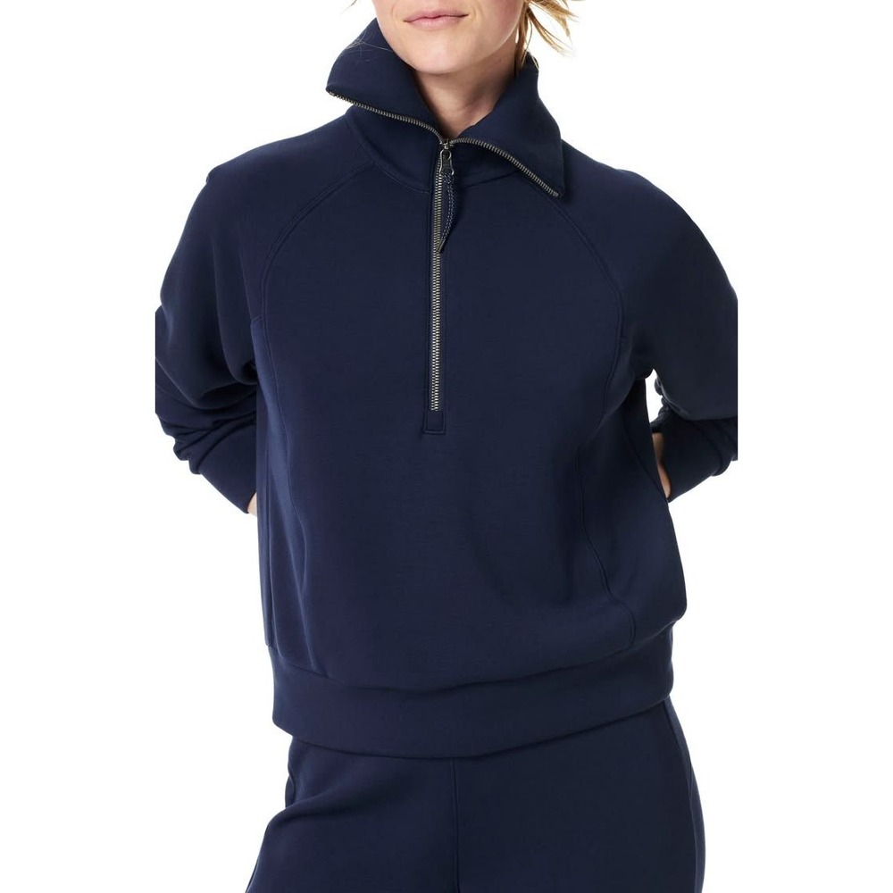 Spanx AirEssentials Half Zip Women XL Navy Blue Mock Neck Pullover Sweatshirt